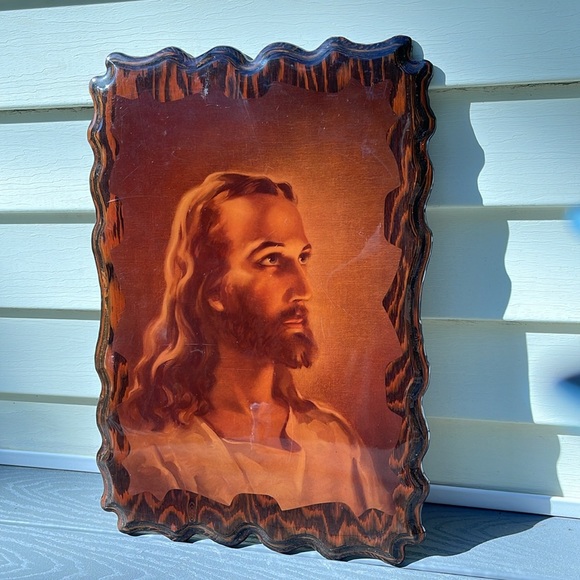 Vintage Head of Christ Lacquered Wood Wall Art 15x22 - Picture 6 of 12